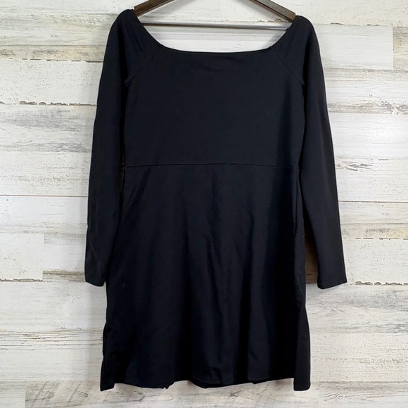 American Eagle Black Long Sleeve Stretchy Mini Dress Boat Neck with Slit Size L - Picture 3 of 13